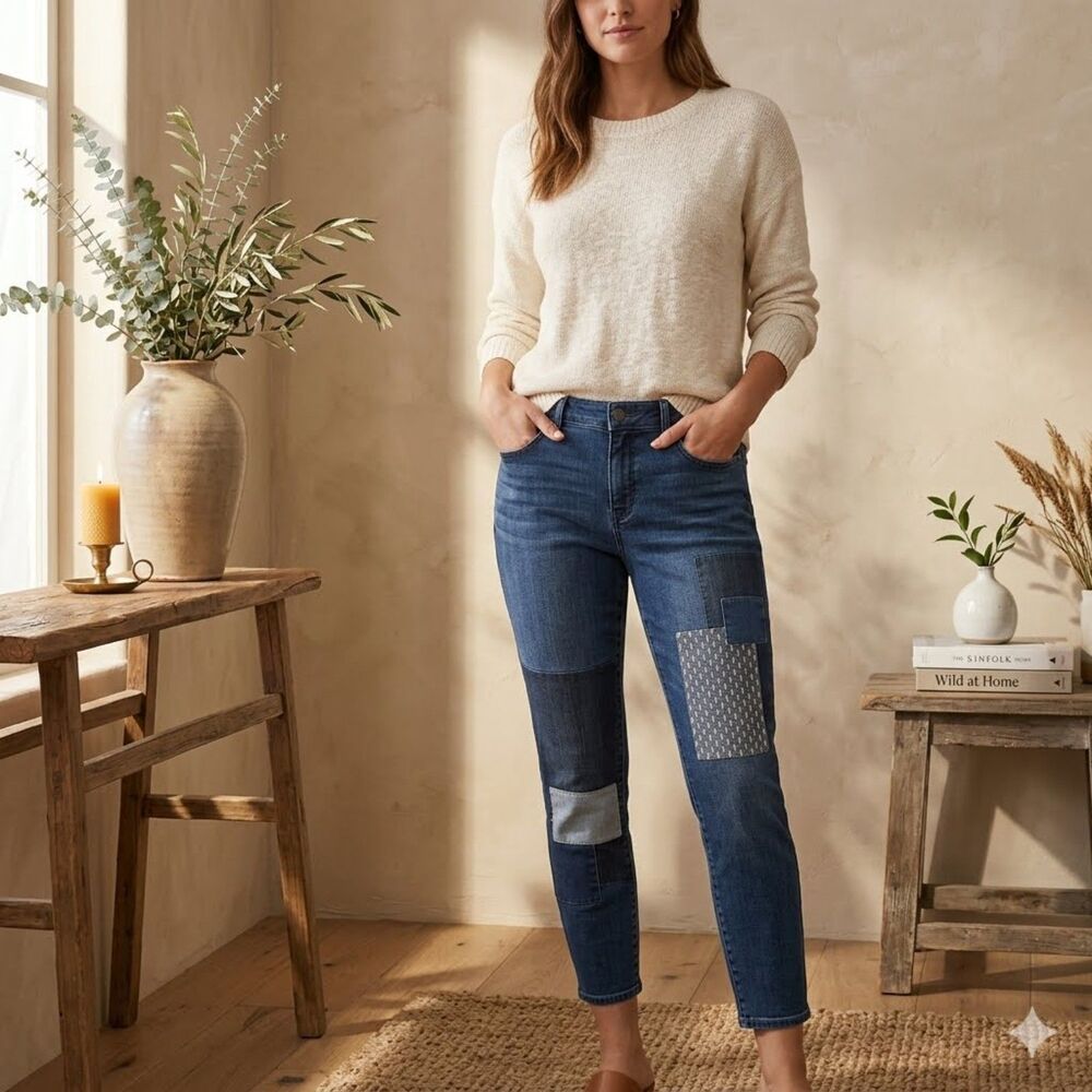 Martha Stewart Jeans Womens 10P Petite Skinny Ankle Blue Stretch Knee Patch